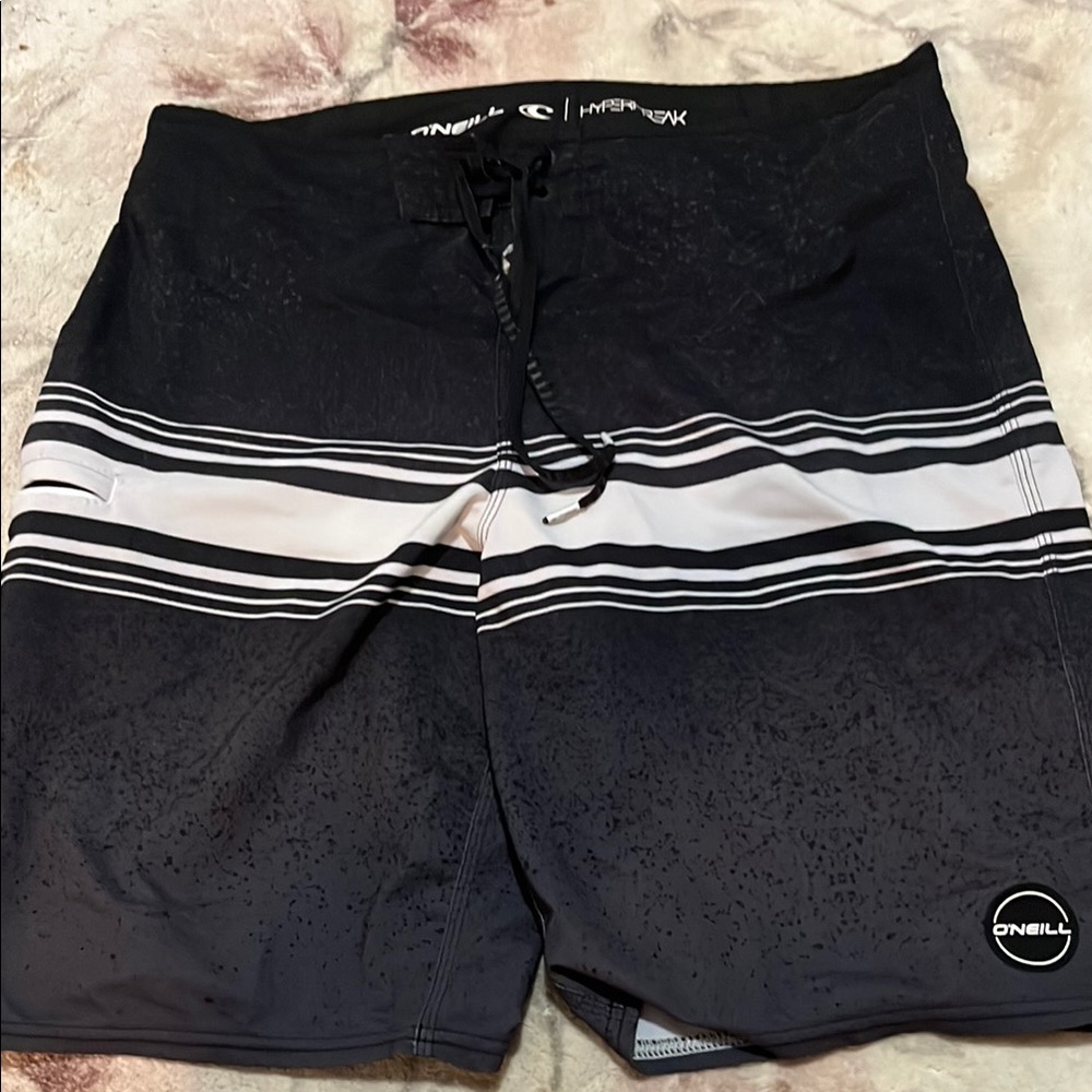 O'Neill Black and White Board Shorts with Striped Design